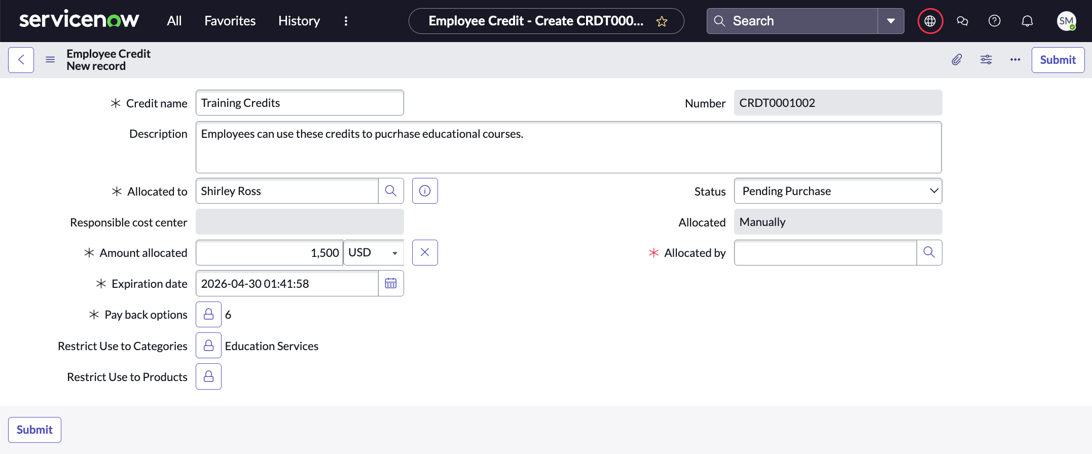Creating credit for an employee shopper