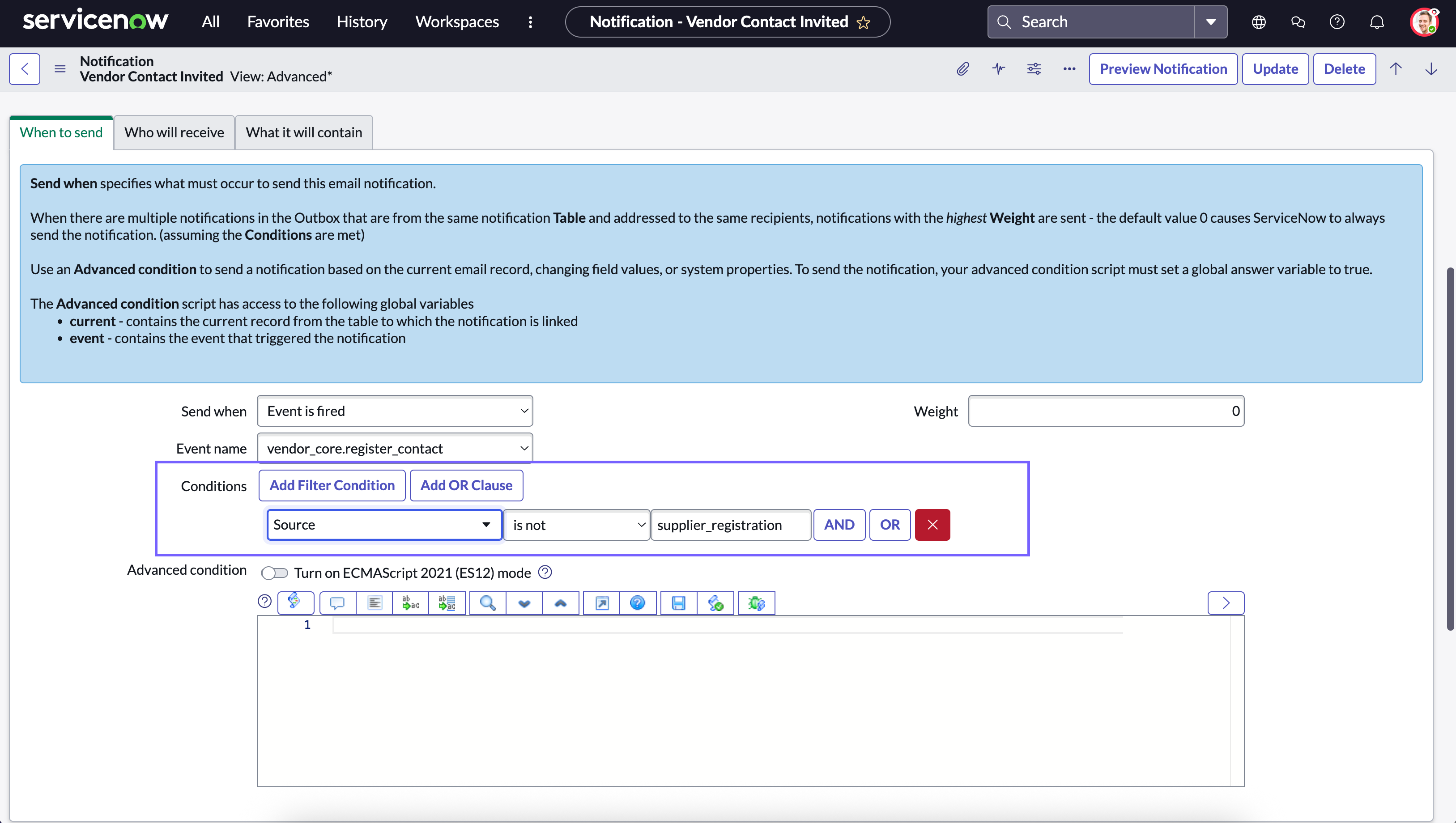 Condition added to send invitation emails to supplier contacts during the self-registration process.