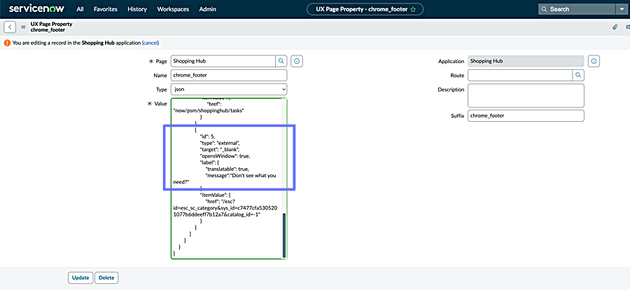 UX Page Property page with Value section highlighted.