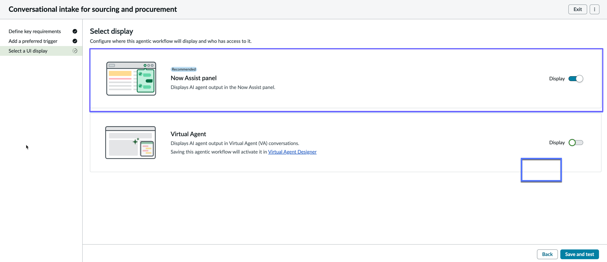 Select display for activating the Conversational intake for sourcing and procurement agentic workflow.