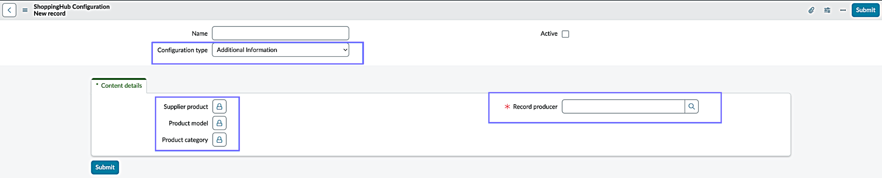ShoppingHub Configuration page showing the Content details tab and Record producer field.