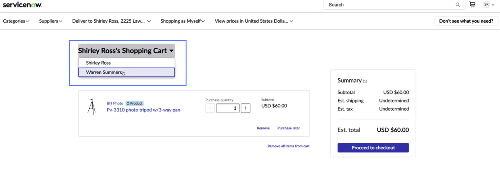 Shopping cart interface showing user drop-down with Shirley Ross and Warren Summers options.