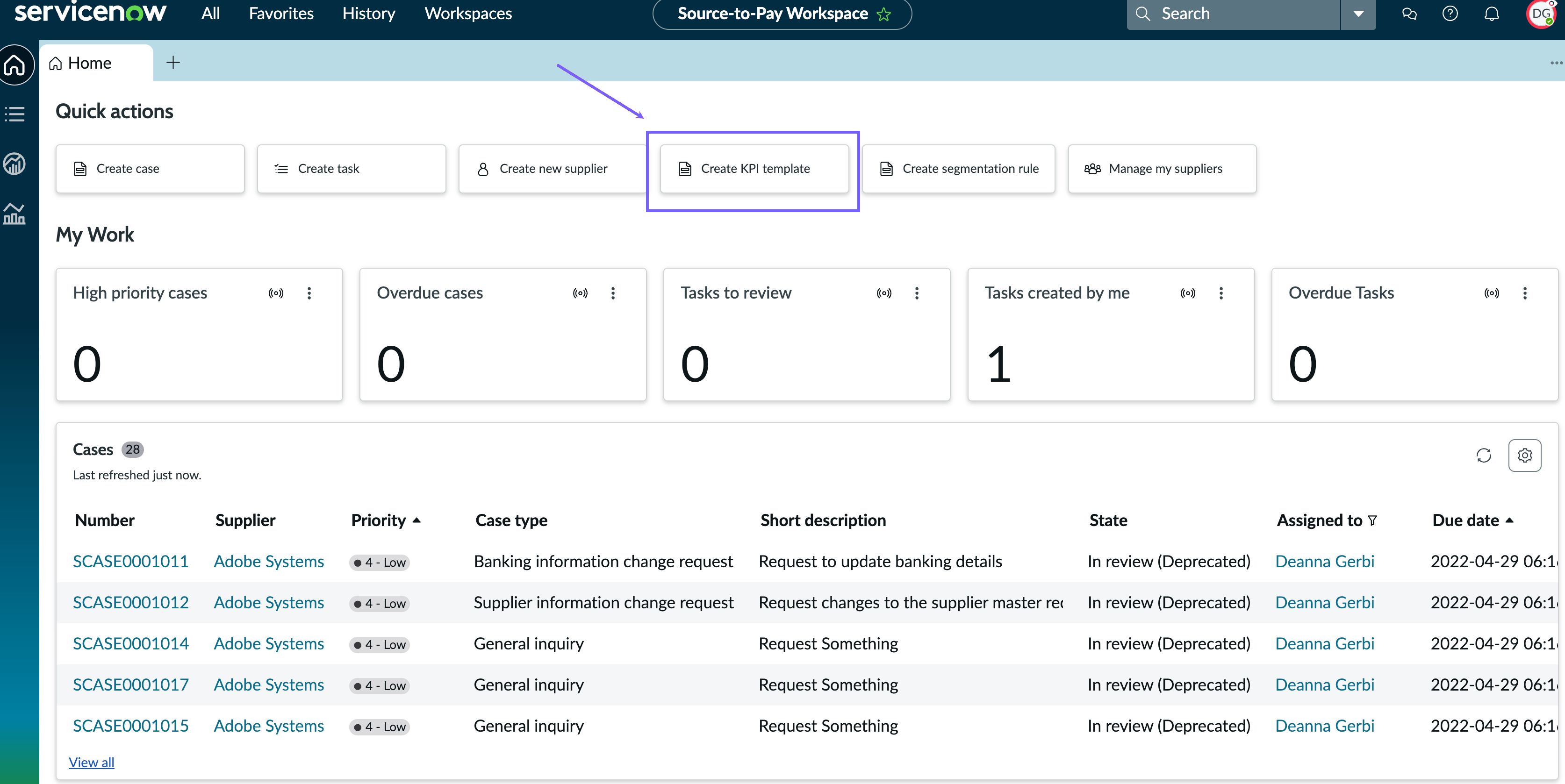 Selected Create KPI template option under Quick actions.