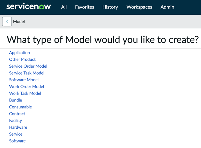 Model type selection page showing various options.