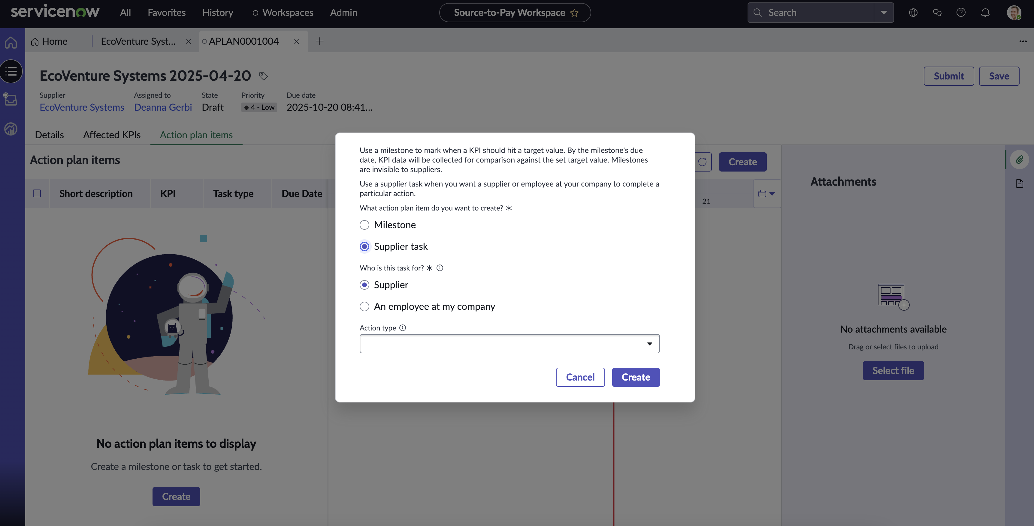 Create new action plan item dialog box for creating supplier task