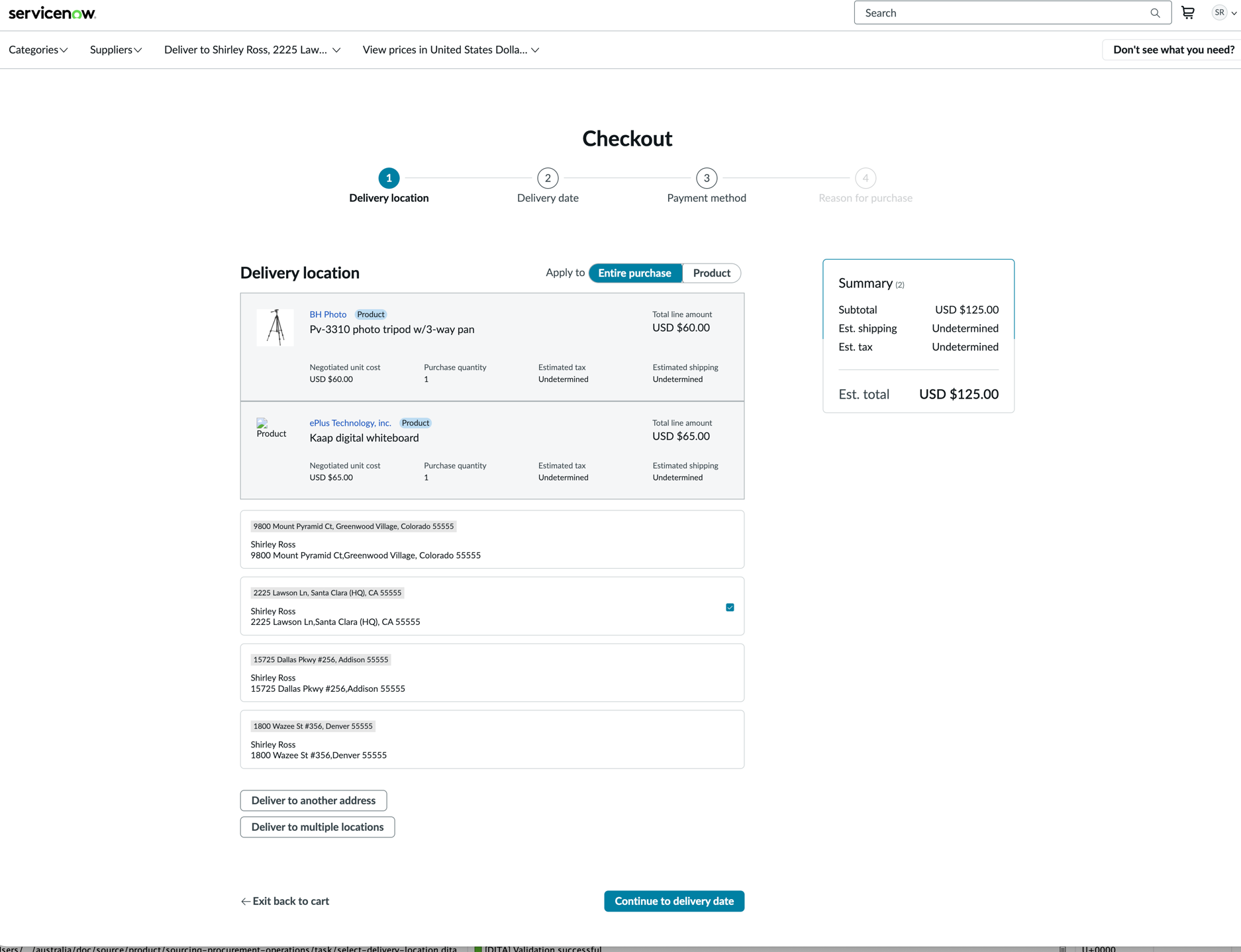 Checkout page after adding and reviewing goods in the Shopping cart.