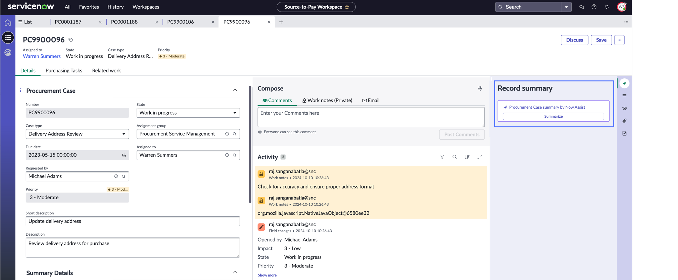 Summarize option that appears at the top of the record in Source-to-Pay Workspace.