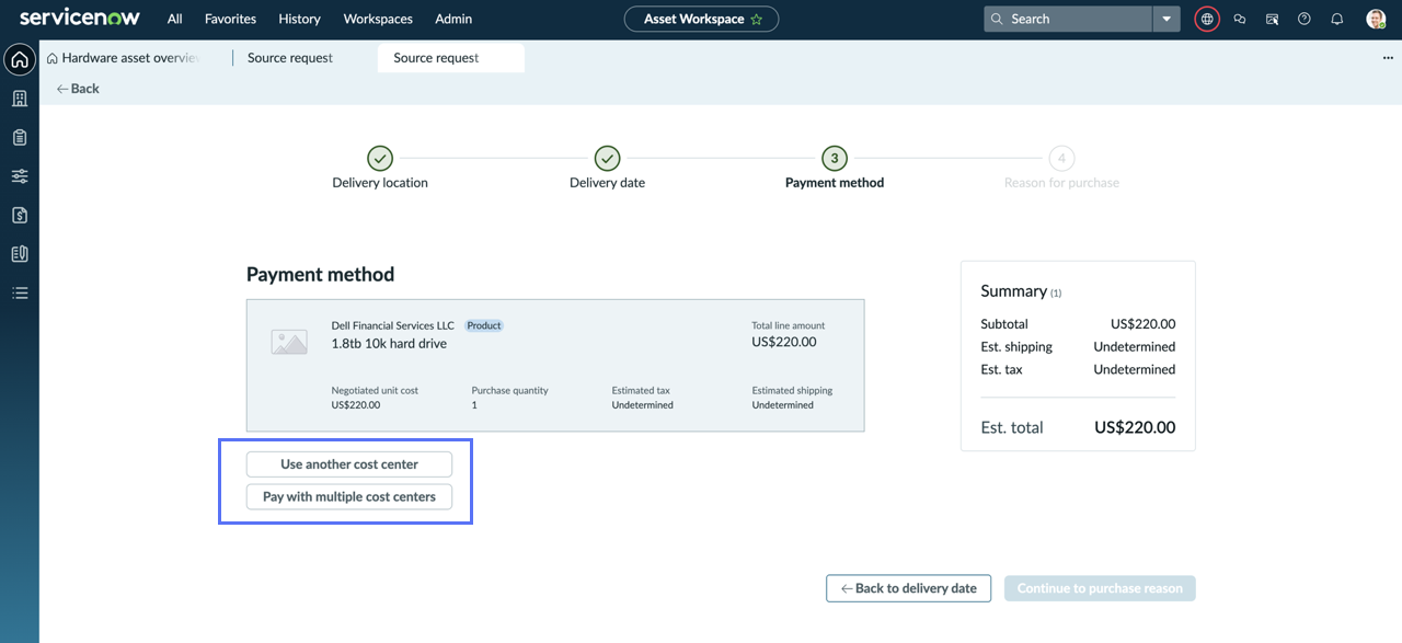 Payment method page with cost center options.