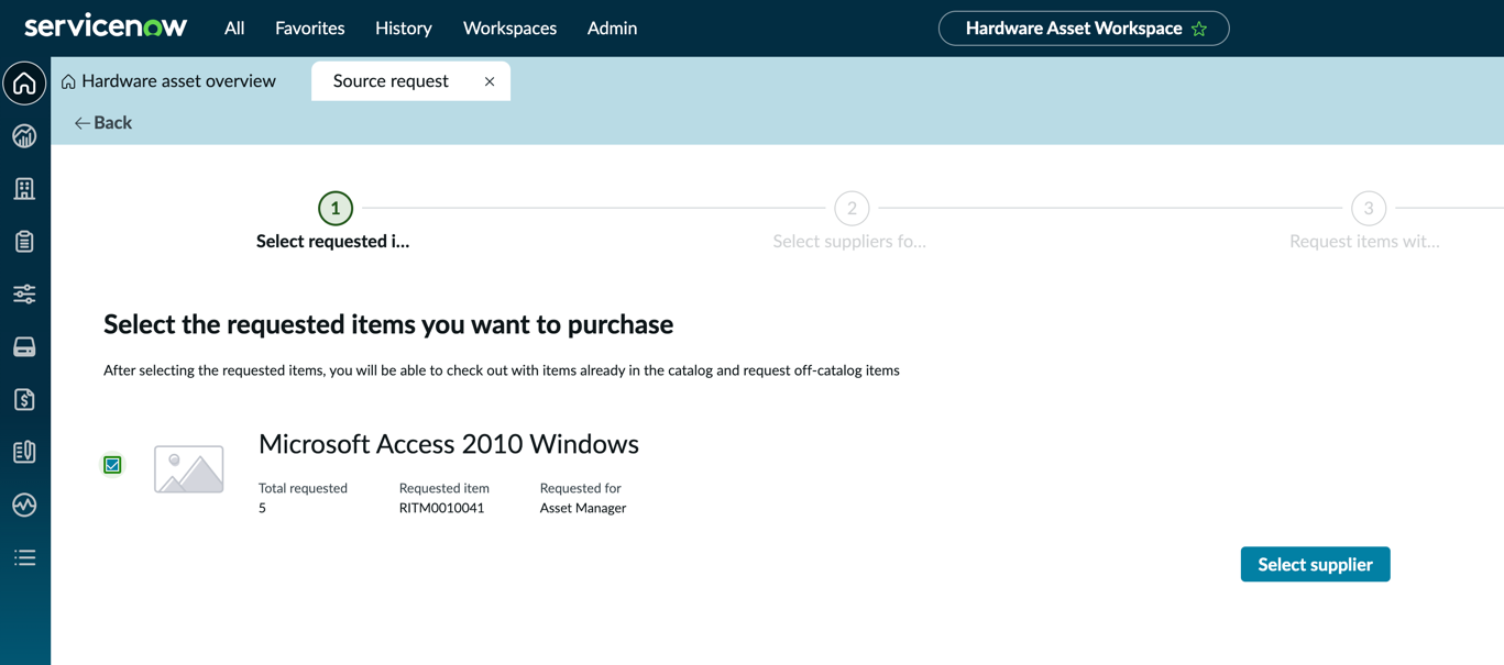 Select Supplier option on the Select the requested items you want to purchase page.