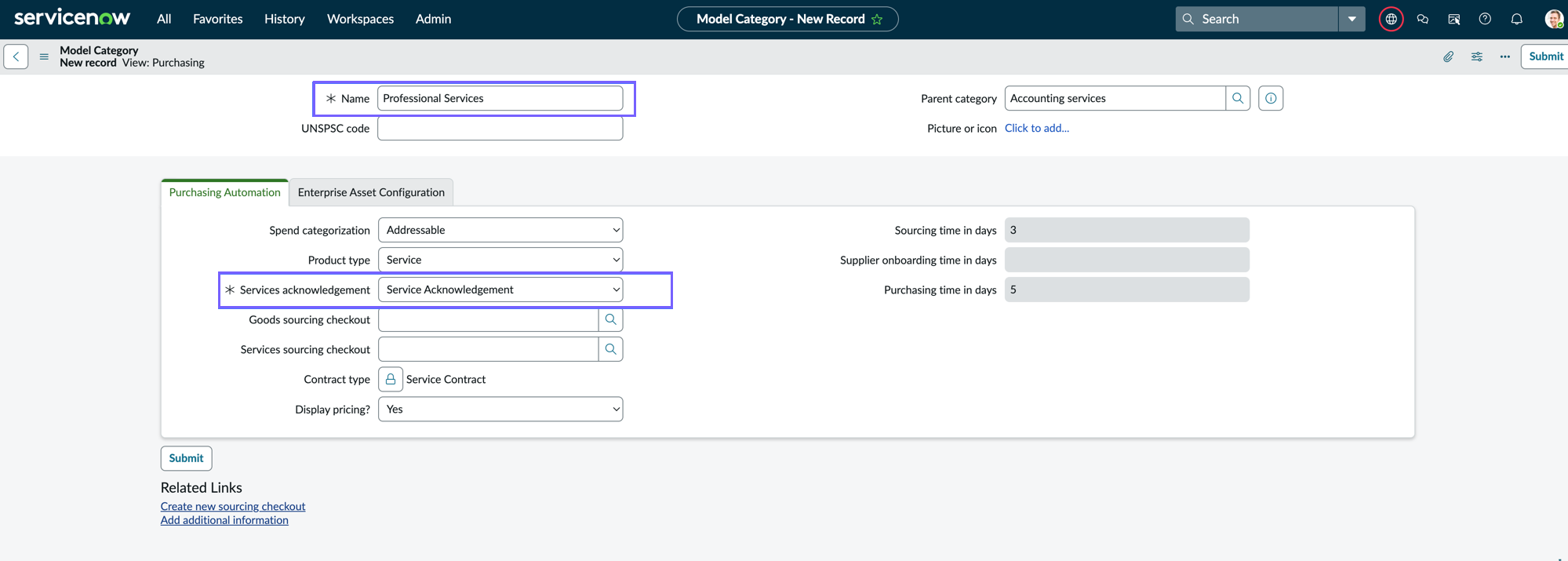 Model Category form showing fields for Name, Parent category, and configuration options.