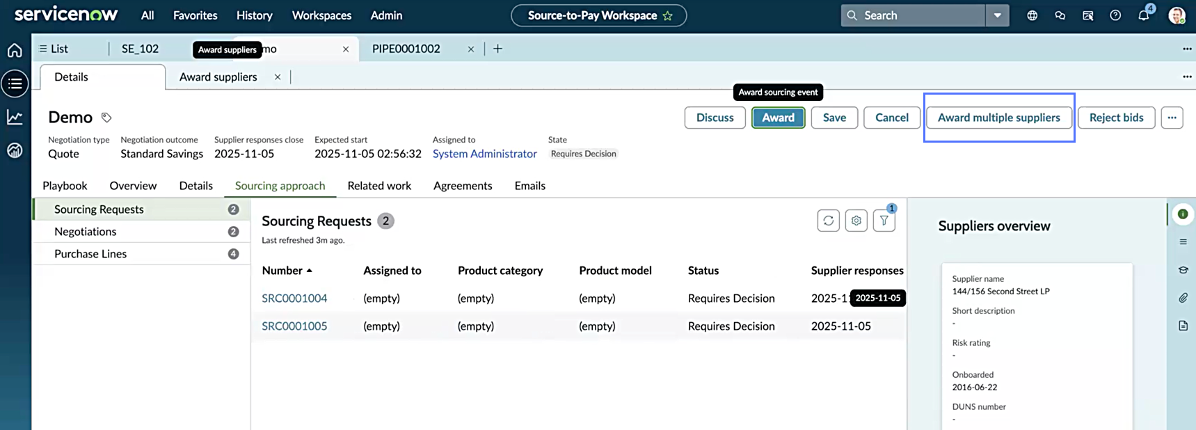 Sourcing event in Requires Decision state.