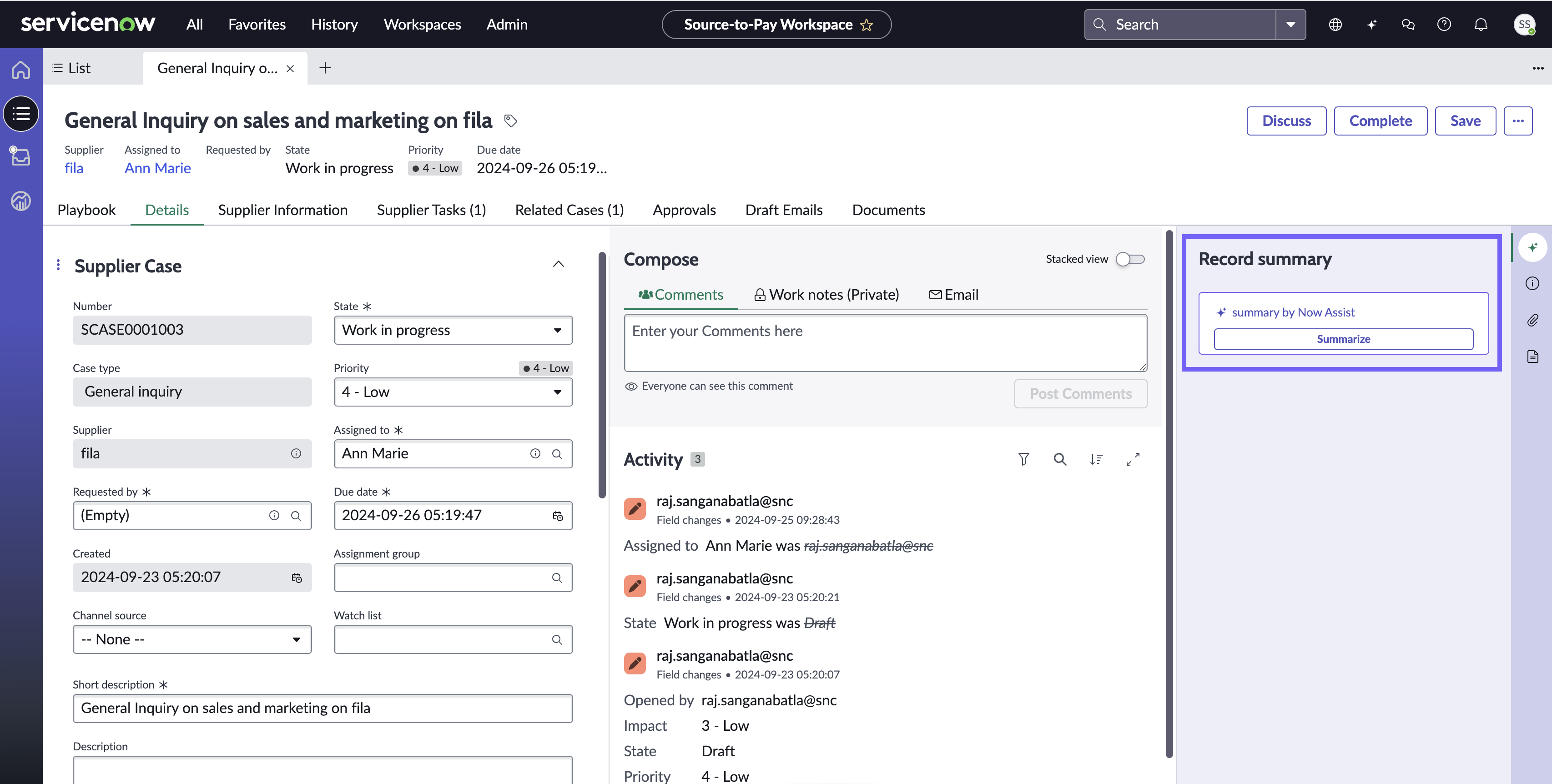 Summarize option in the Source-to-Pay Workspace.