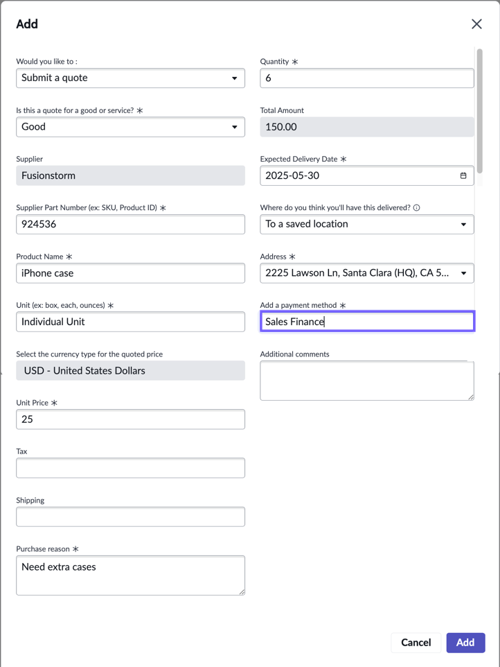 Requesting for a new supplier product when adding a new purchase line.