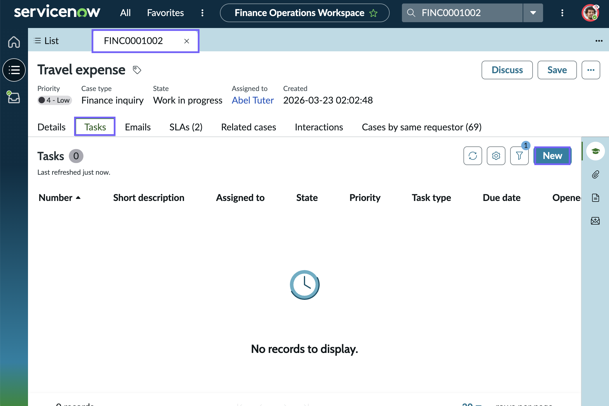 Create a finance task from a finance case