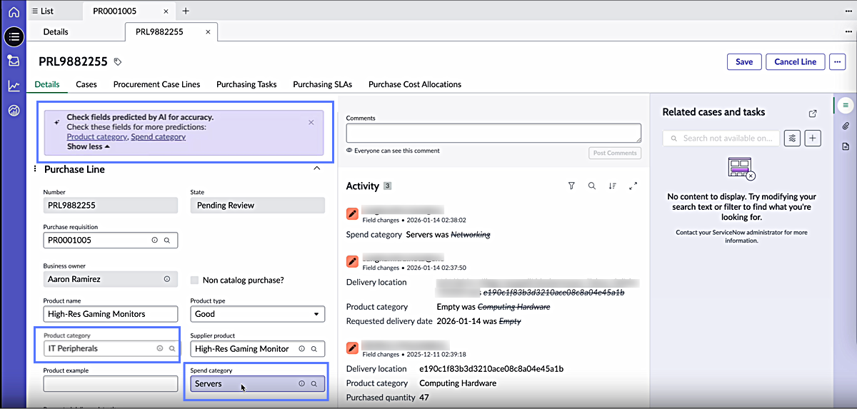 Purchase request form showing AI prediction warning message and Spend category field populated with "Servers".