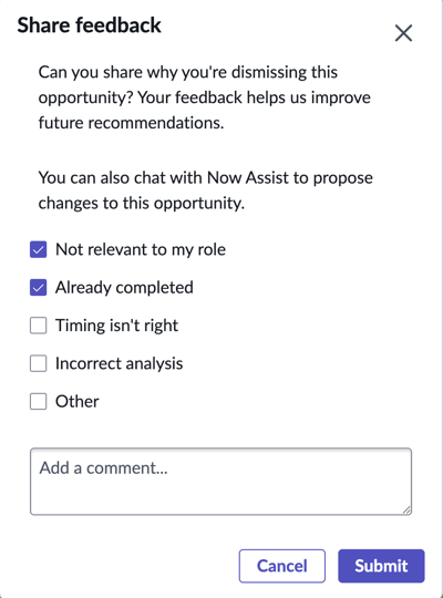 Share feedback modal showing dismissal reason options.