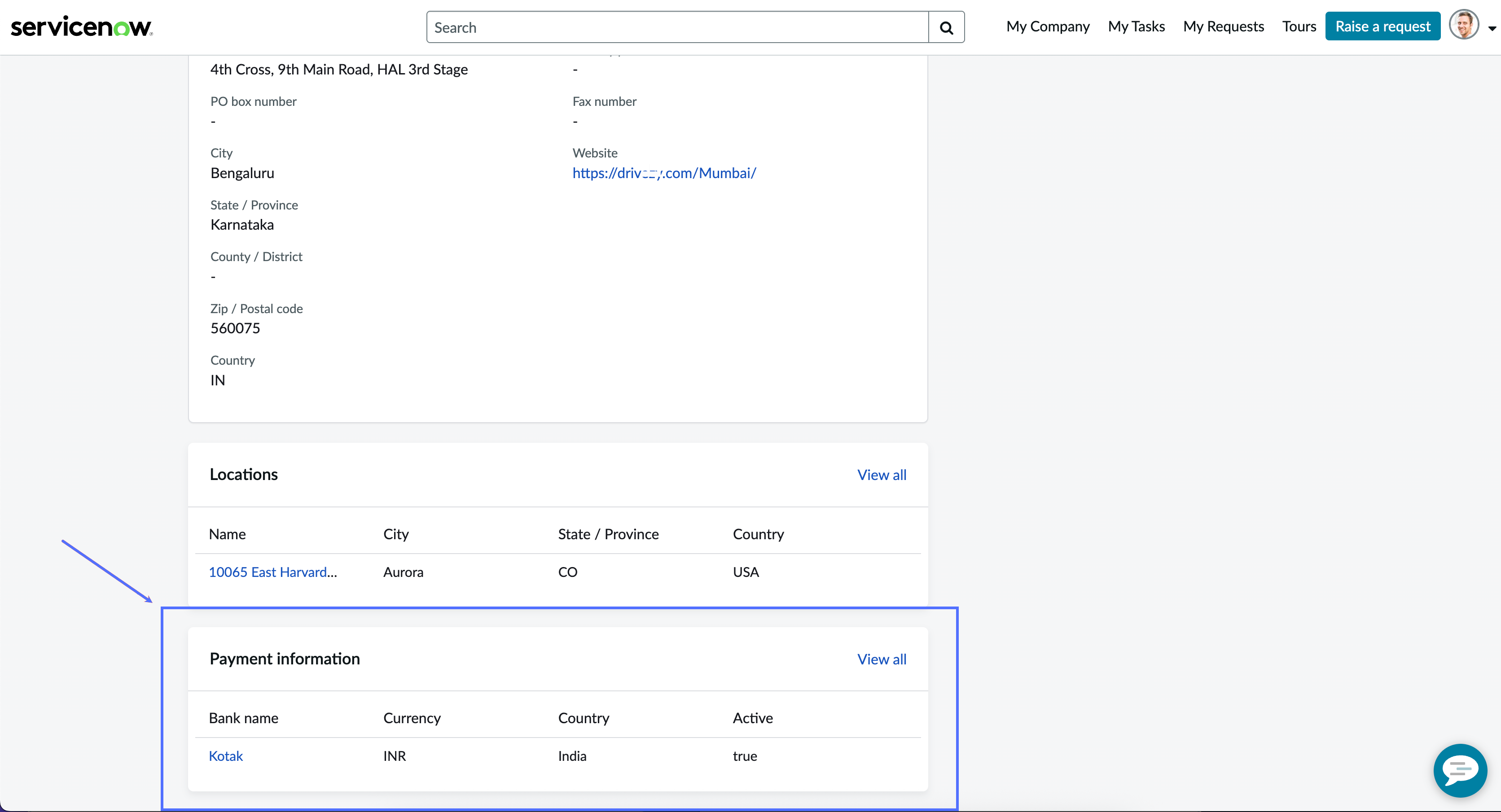 Payment Information section on the Company Profile page.