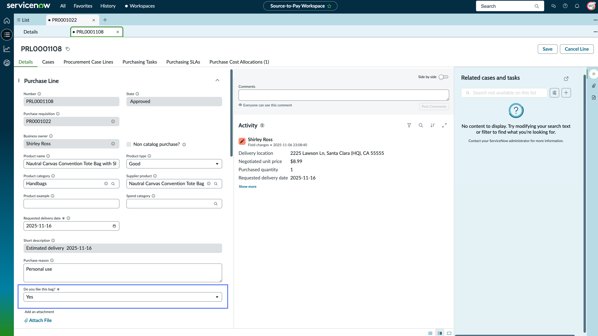 Details tab of a PRL record in the Source-to-Pay Workspace
