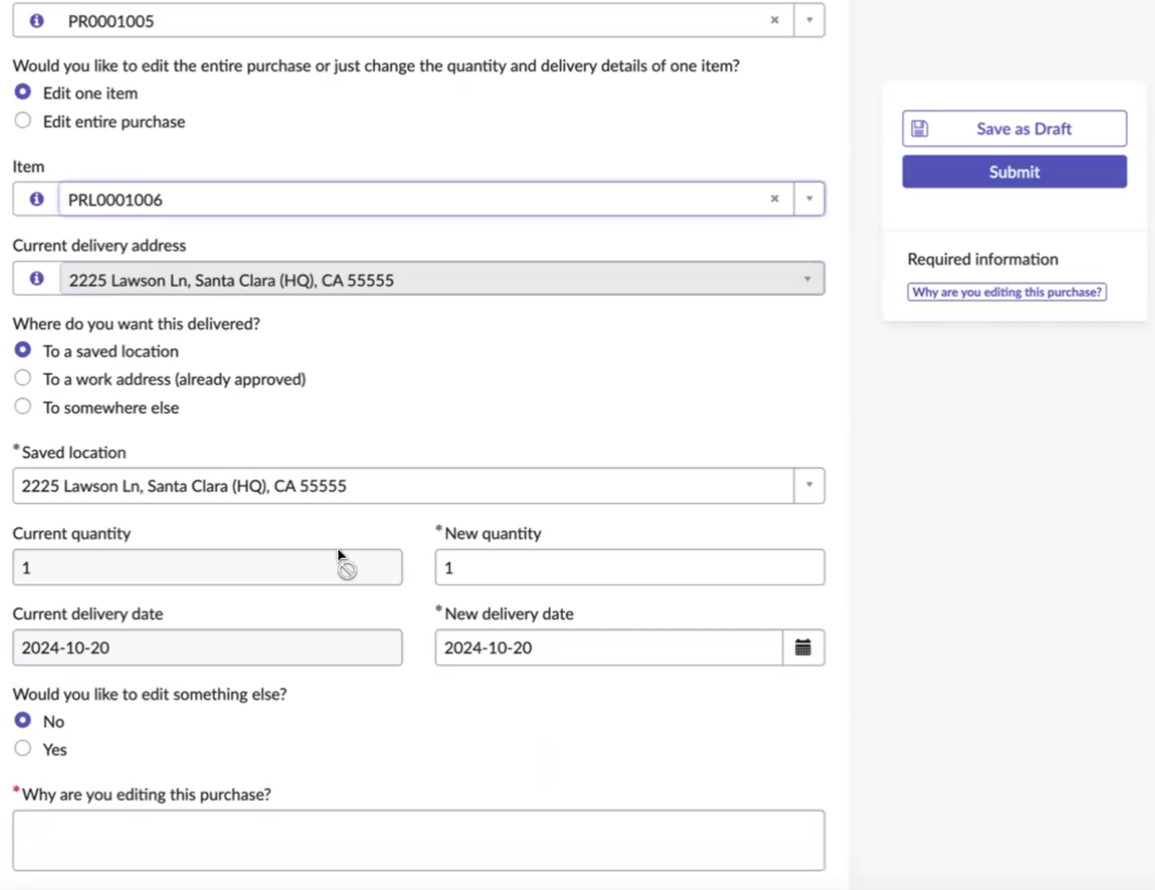Edit details of one item of the purchase request or order