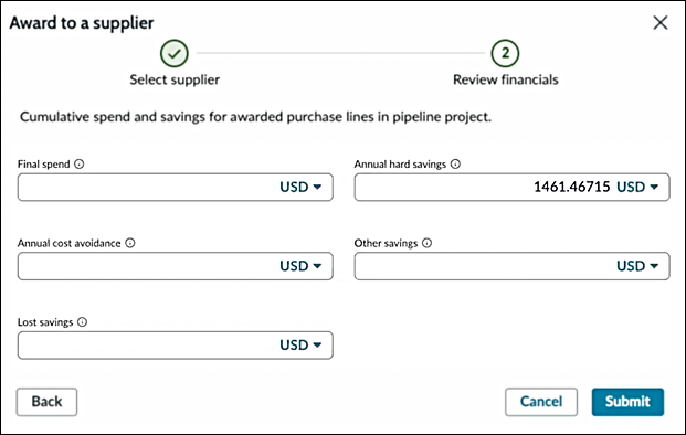 Enter spend and savings data for the pipeline project.