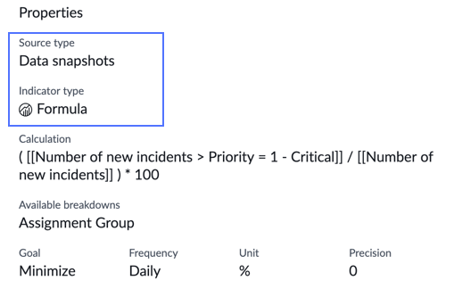 Data source properties for an enabled Data snapshots indicator