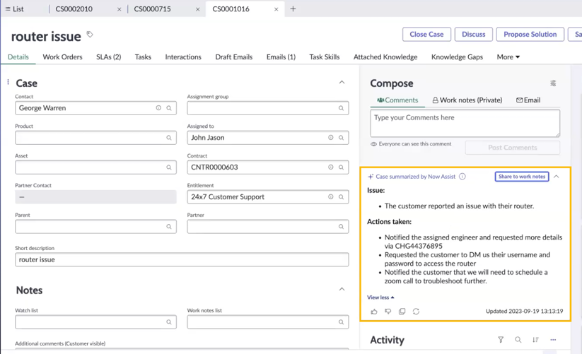Synthèse des tickets dans Now Assist pour CSM