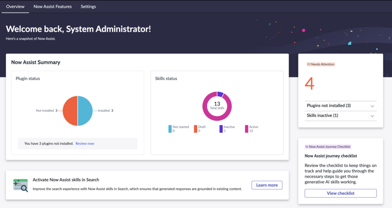 Now Assist Admin panneau de vue d’ensemble.