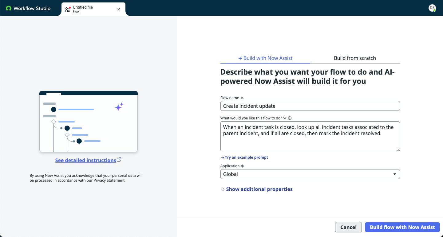 Lorsque vous créez un flux dans Concepteur de flux, l’option Créer avec Now Assist est disponible.
