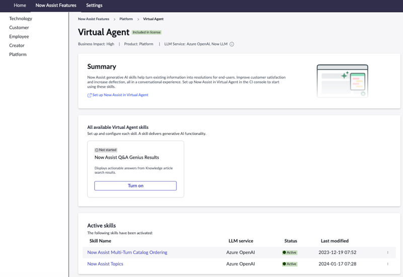 Configurez Now Assist les compétences dans Agent virtuel la section Plateforme de la Now Assist Admin console.