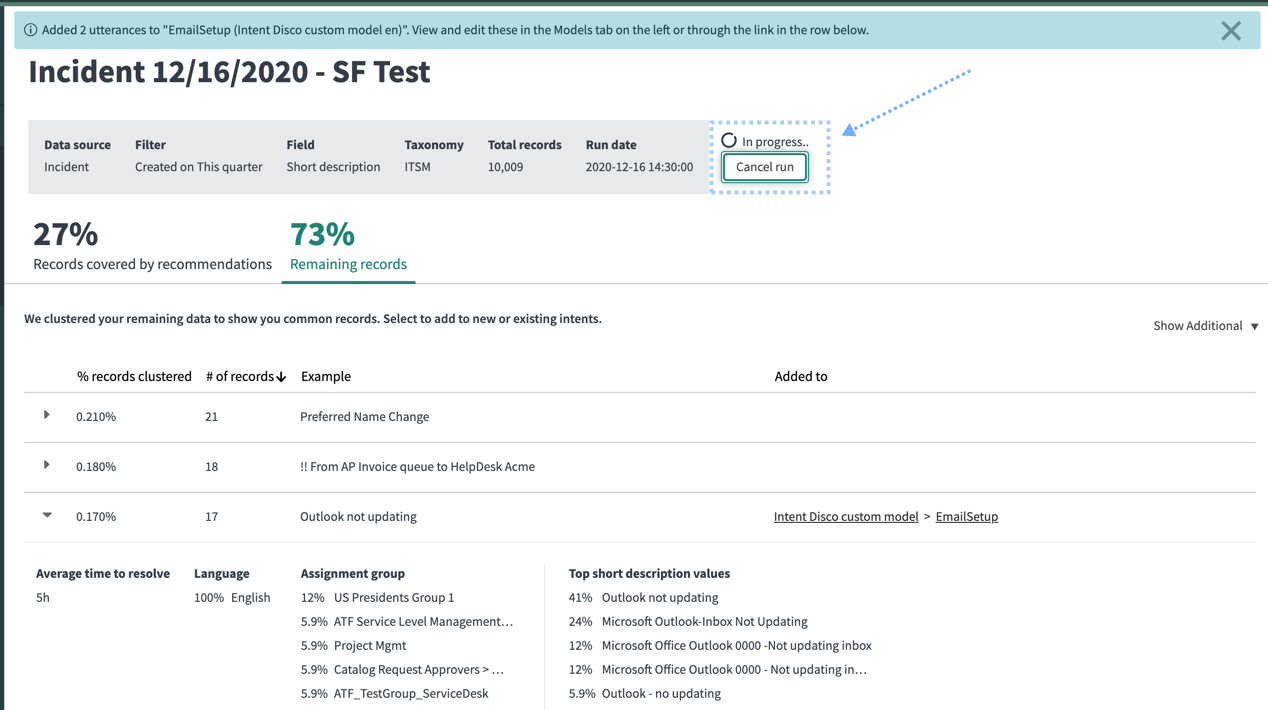 Une image montrant l’option Annuler l’exécution est disponible pendant les premières minutes de la phase En cours de l’exécution