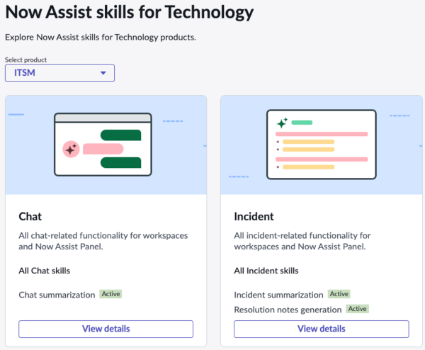 Dans le workflow Technologie, des fonctionnalités sont disponibles pour la messagerie instantanée et les incidents. Pour la messagerie instantanée, la compétence de synthèse de messagerie instantanée est disponible. Pour les incidents, des compétences de synthèse des incidents et de génération de notes de résolution sont disponibles.