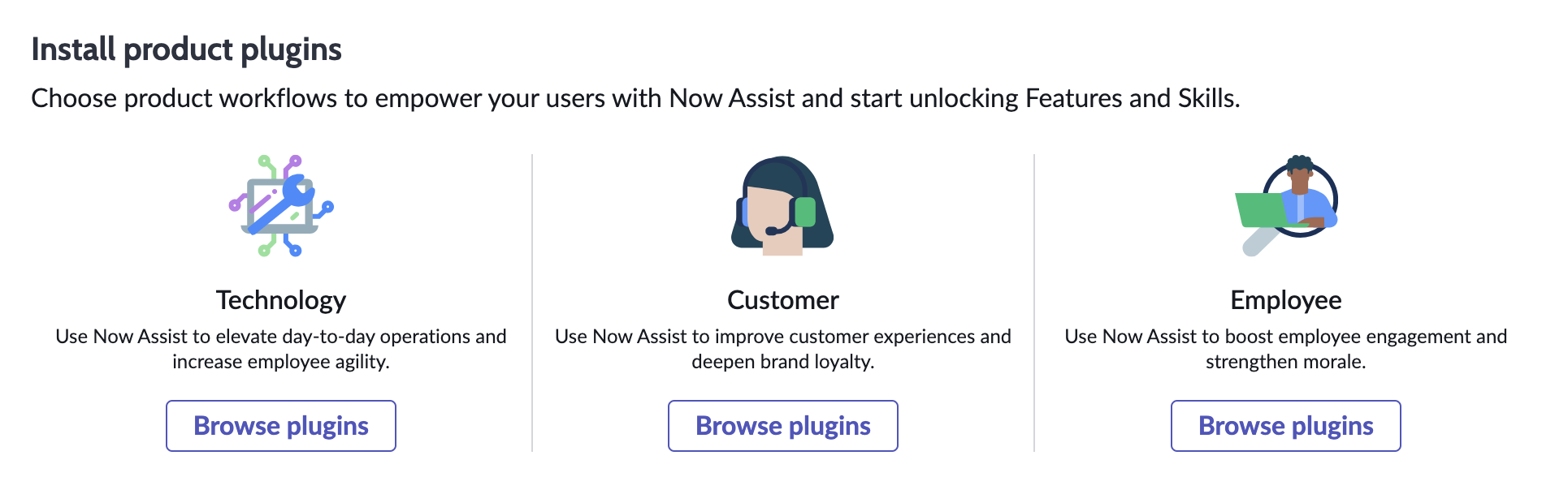 Liens de la console d’administration Now Assist pour parcourir les modules d’extension par workflow