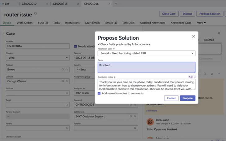 Notes de résolution générées dans Now Assist pour CSM.