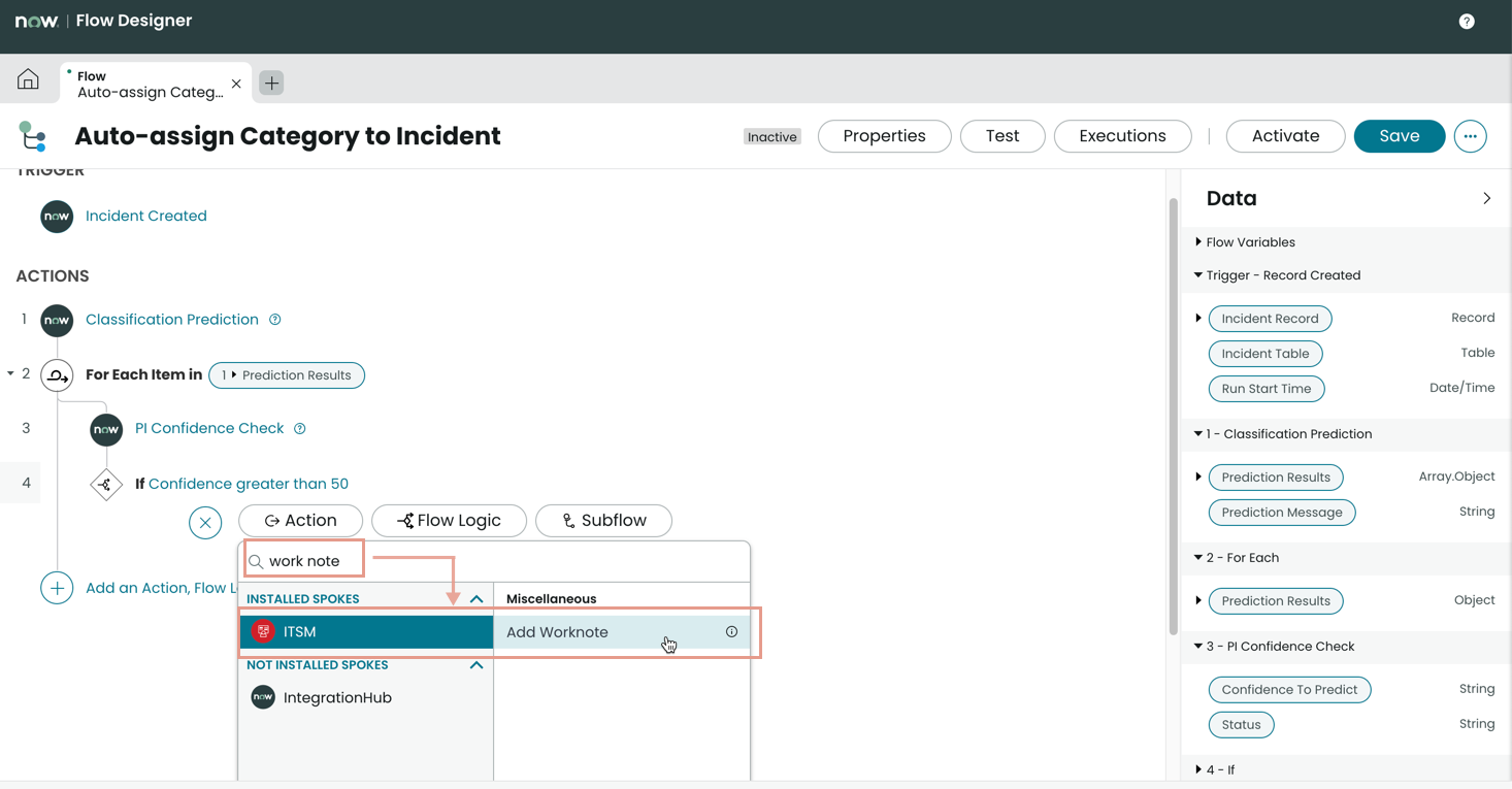 Cette image montre aux utilisateurs comment localiser l’action Ajouter une note de travail dans le flux