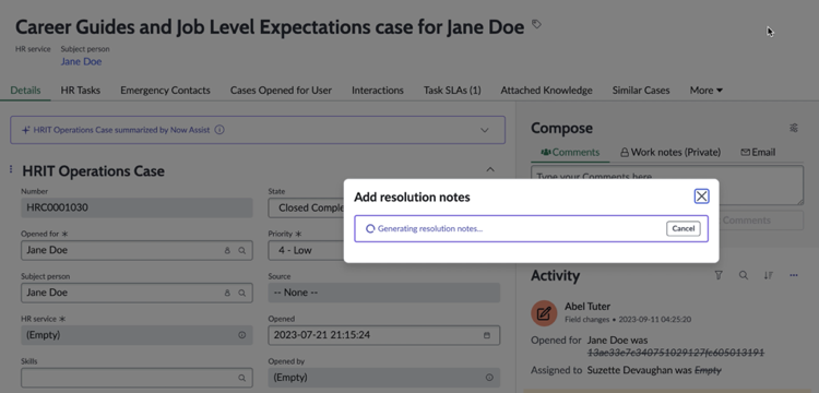 Notes de résolution générées dans Now Assist pour HRSD.