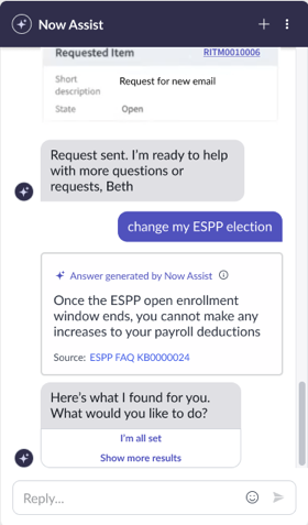 Now Assist Résultats Genius Q&amp;R dans la fenêtre de Agent virtuel messagerie instantanée.