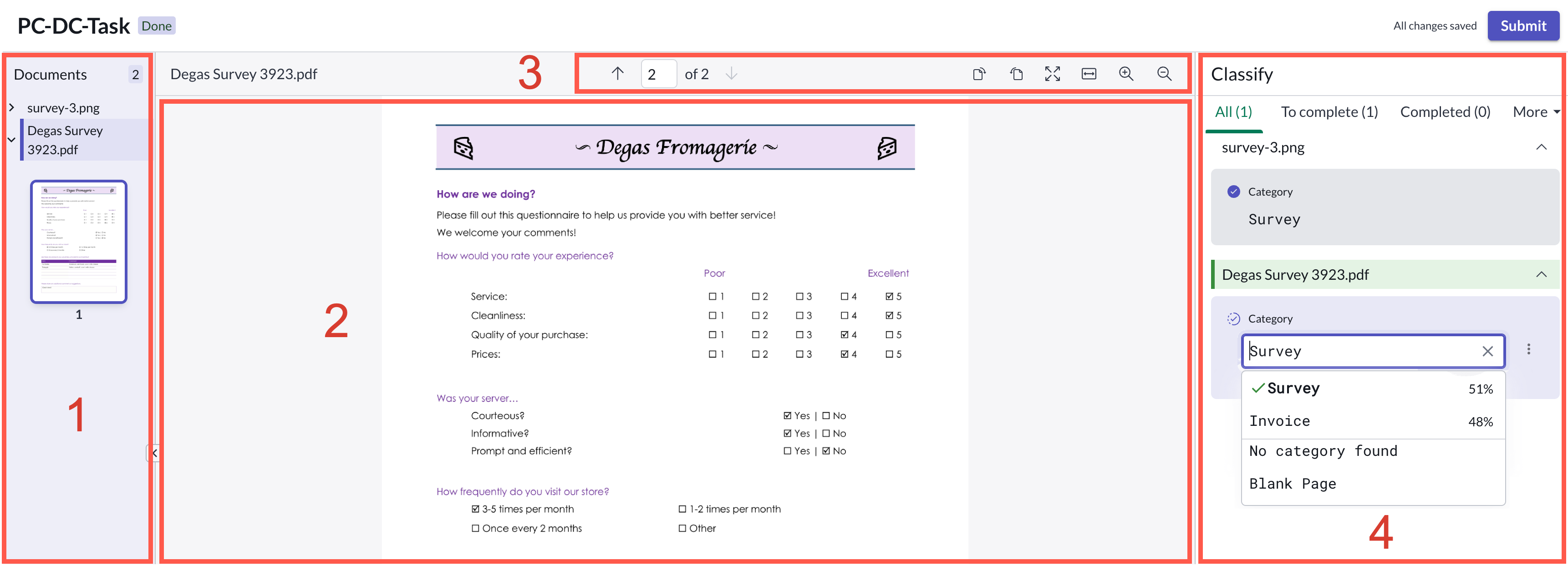Zones de l’espace de travail pour la Intelligence documentaire classification de documents.