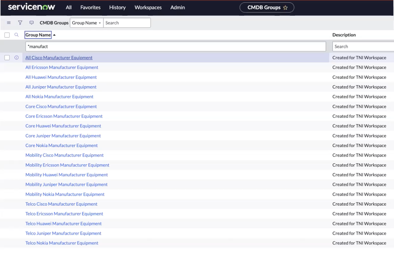 CMDB groups view for the Network Inventory Workspace with the list of standard CMDB groups.