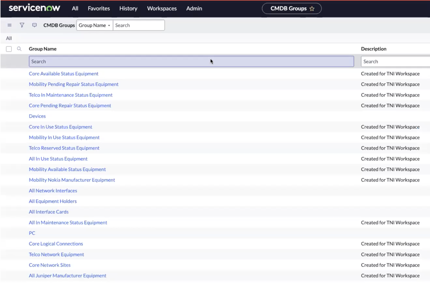CMDB groups view for the Network Inventory Workspace with the list of standard CMDB groups.