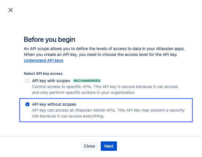 Options des champs d’application de la clé API dans la Administration Atlassian boîte de dialogue de la console.