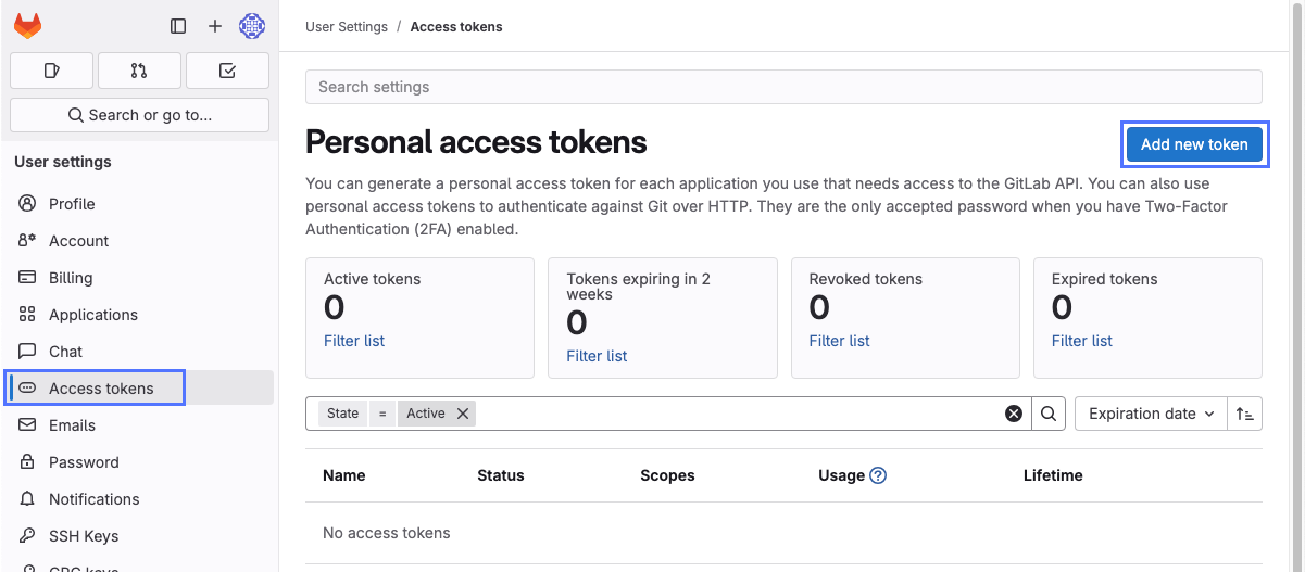Page de jetons d’accès sur GitLab.com affichant le bouton Ajouter un nouveau jeton.