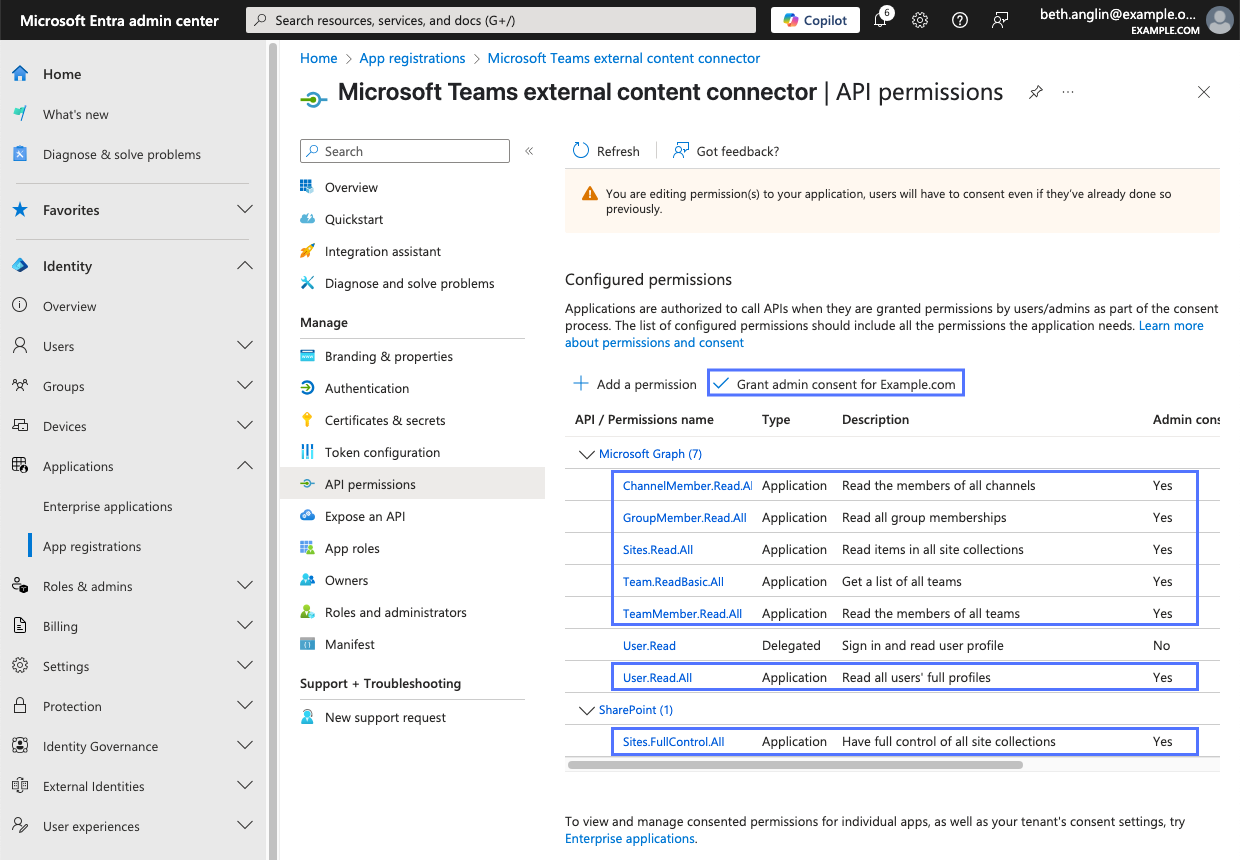 Liste des autorisations d’API de l’application Centre d'administration Microsoft Entra affichant les autorisations supplémentaires nécessitant le consentement de l’administrateur.
