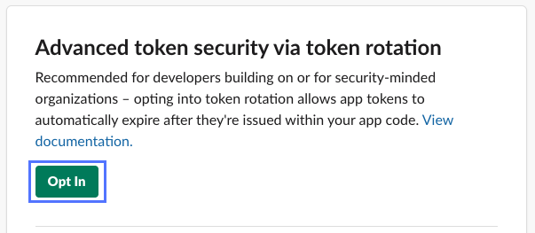 Sécurité avancée des jetons via la section rotation des jetons de la page Fonctionnalités OAuth et autorisations avec le bouton Opt In mis en surbrillance.