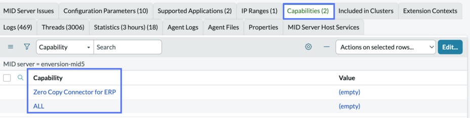 MID server record related lists with capabilities tab displayed showing Zero Copy Connector for ERP.