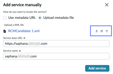 Add service manually modal with three icons highlighted.