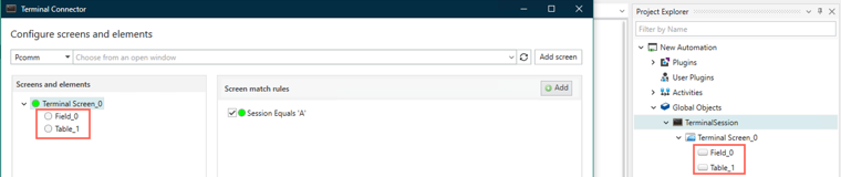 Text field added in the Screens and elements pane under the TerminalSession_0 object.