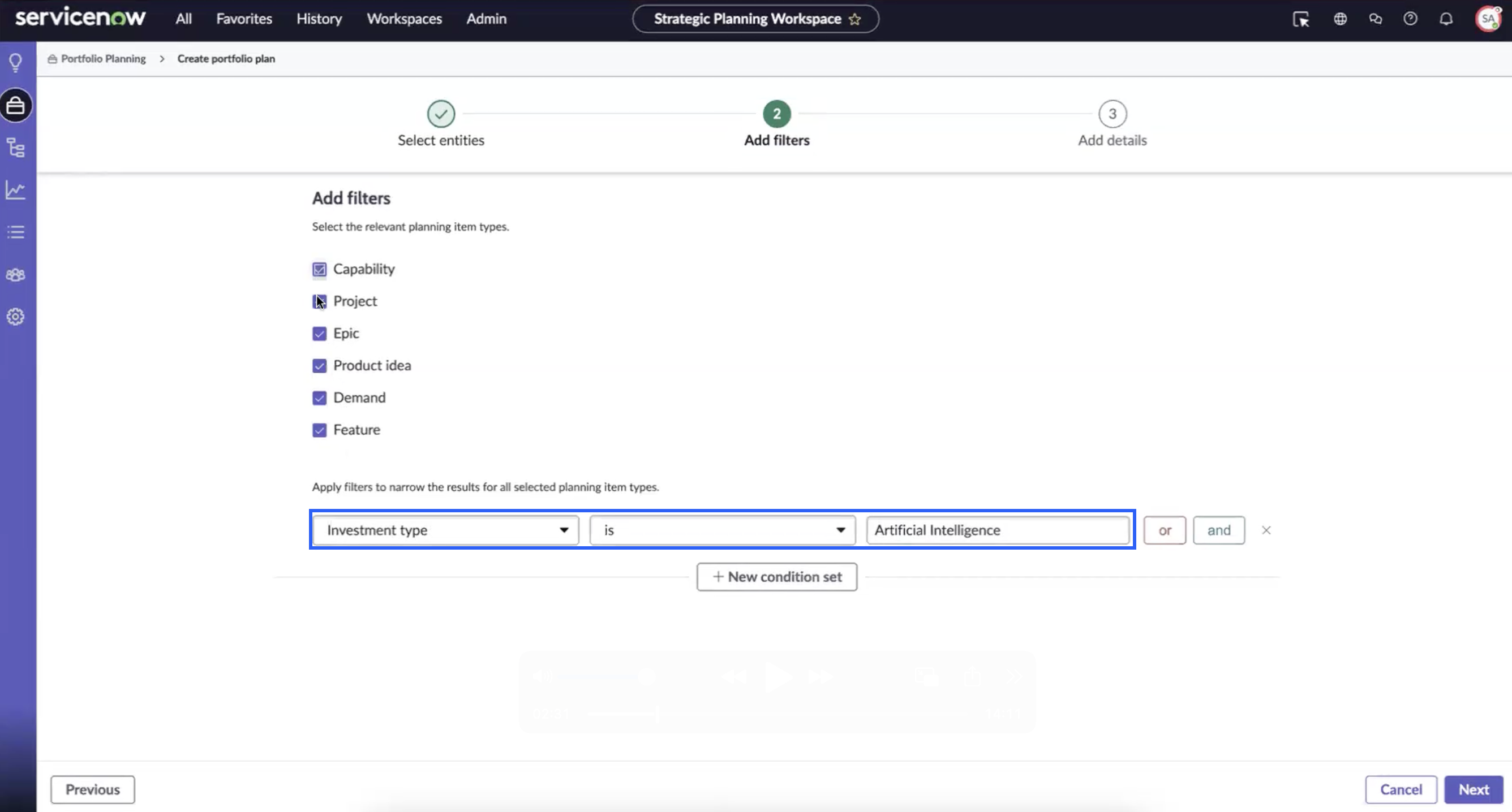 Create portfolio plans for AI-related items by applying a filter.