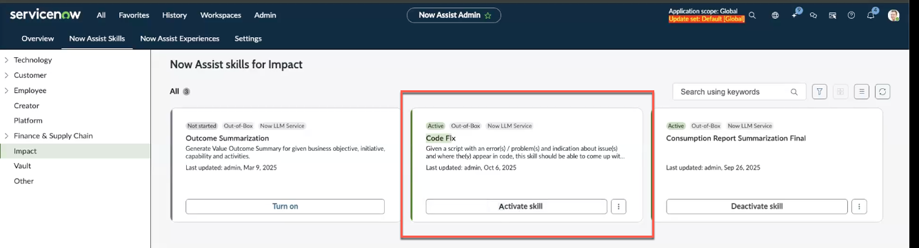 The Now Assist Admin Console with the Impact Code Fix activation tile displayed.