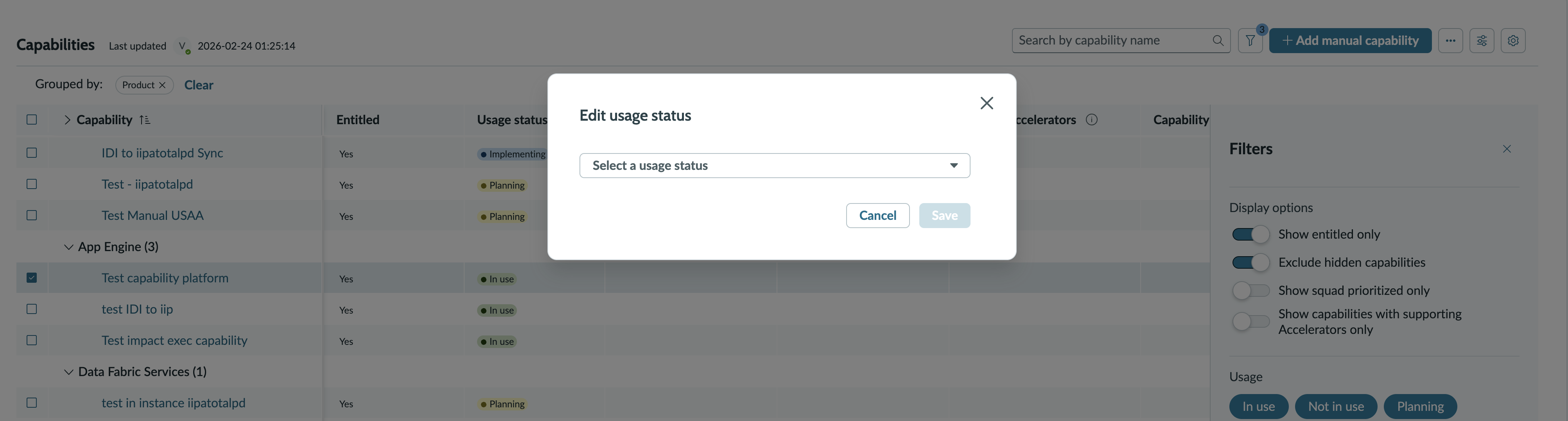 Change status for the selected capability.