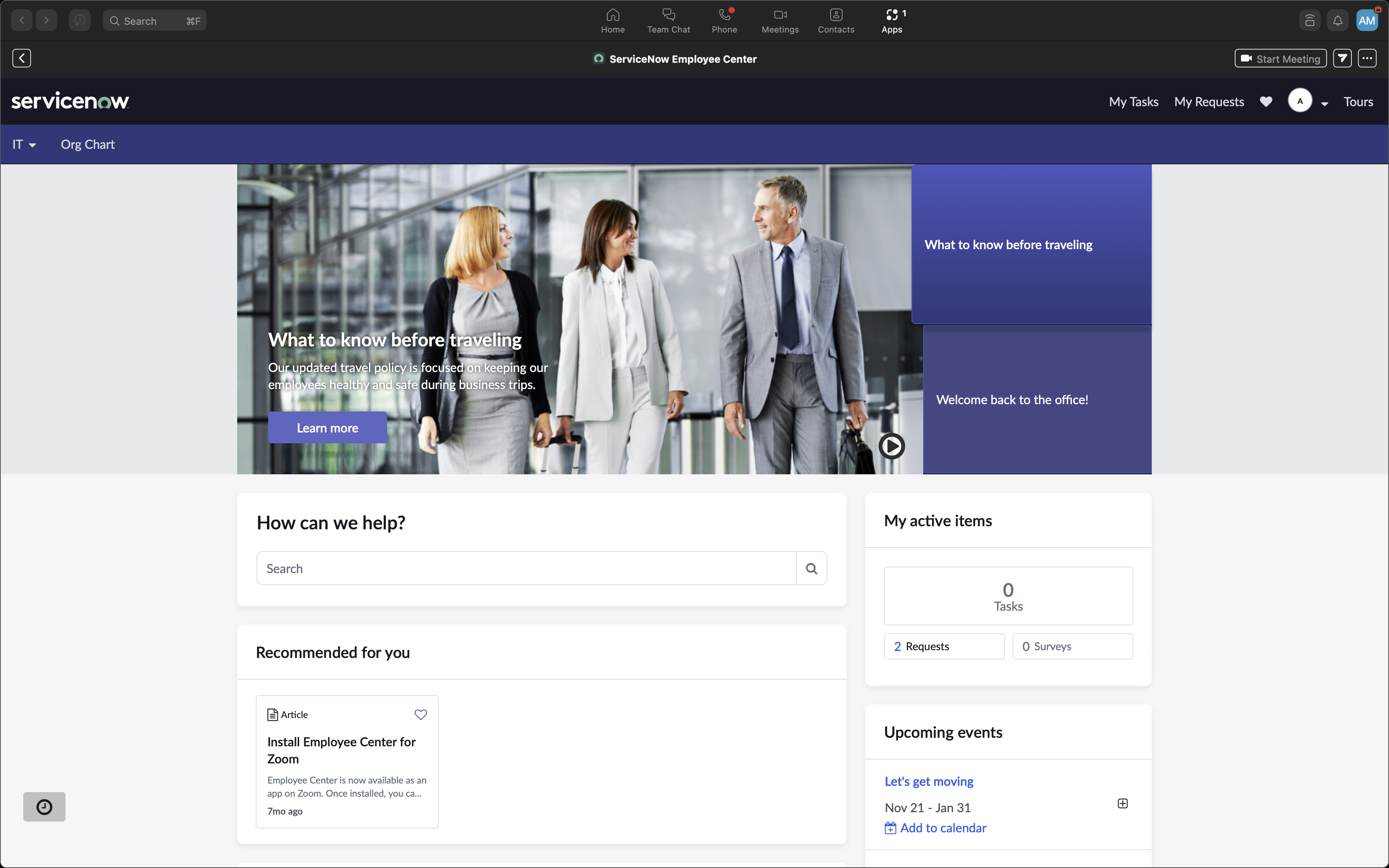 Portail ServiceNow Centre des employés dans l’application Zoom